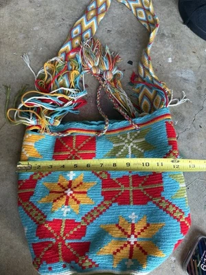 Authentic 100% Wayuu Mochila Colombian Bag Med Size Matizada Long Strap Pompom - Image 1 of 4