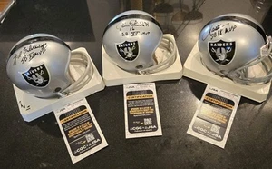 Beautiful Oakland/LA Raiders SB MVPs Signed Mini Helmets 3 MVPs 3 Helmets JSA - Picture 1 of 10
