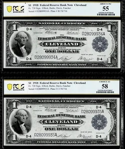 1918 $1 Federal Bank CLEVELAND Note Green Eagle PCGS55,58Serial #D2809934A-35A - Picture 1 of 2