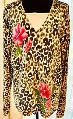 SAG HARBOR LEOPARD CARDIGAN, PINK FLOWERS, HAND-SEWN SEQUINS, RAMIE BLEND, XL - Image 1 of 4