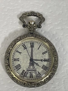 Retro Eiffel Tower Dial Glass Case Quartz Analog Pocket Watch Pendant Running - Picture 1 of 6