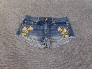american eagle shorts women size 8 stretch denim blue floral embroidered retro - Picture 1 of 14