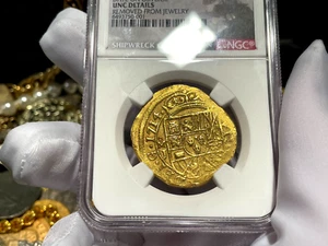 MEXICO 1714 8 ESCUDOS NGC UNC 1715 FLEET PIRATE GOLD SHIPWRECK COINS TREASURE - Picture 1 of 20