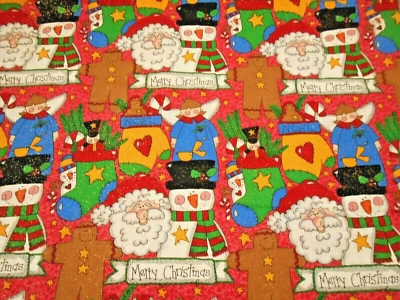 Christmas Fabric 1 2/3 Yard Snowmen Angel Santa Metallic Lt Red Cotton #59 Vtg C - Image 1 of 2