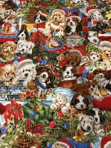 Dogs Christmas Cotton Fabric Fq - Picture 1 of 4