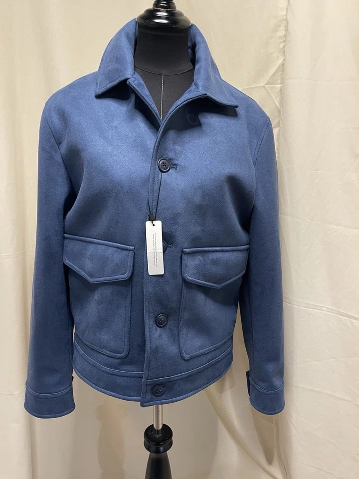 Jaqueta bombardeiro azul Express nova com etiquetas US$ 228 COURO CAMURÇA bolsos frontais com botão unissex - Imagem 1 de 4