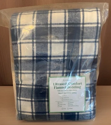 Juego de cama LL Bean Ultrasoft Comfort Franela Doble Sábana Mariner Azul Tostado Cuadros NUEVO Foto 1 de 4