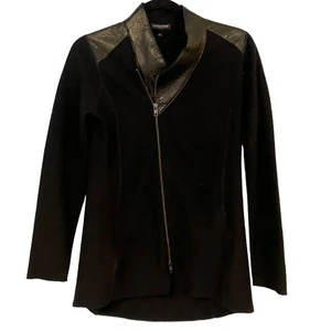 Eileen Fisher Petite Womens Black Merino Wool Leather Trim Zip Cardigan Size PP - Picture 1 of 9