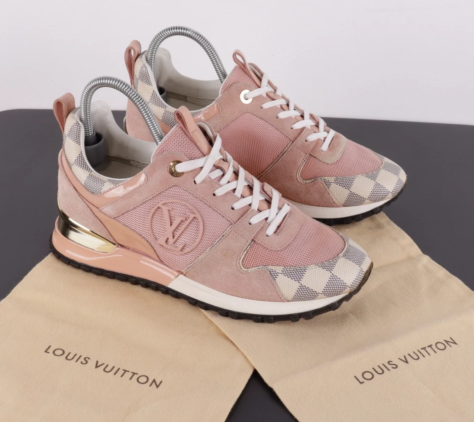 LOUIS VUITTON Size 37.5 Run Away Pink Suede Ivory Damier Azur Canvas Sneakers - Image 1 of 4