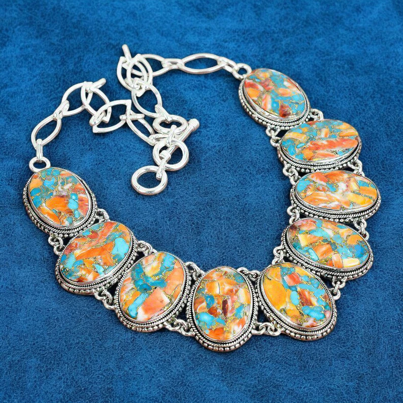 Collar Naranja Espinoso Ostra Turquesa Plata de Ley 925 Boho Joyería Regalo Foto 1 de 4