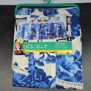 Pionierin Frau Tischdecke Heritage Floral Spitze 70" rund blau weiß Baumwolle selten - Bild 1 von 15