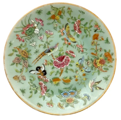 Antique Chinese Celadon Porcelain 9.75” Plate Butterflies/Flowers (Hairline) - Image 1 of 4