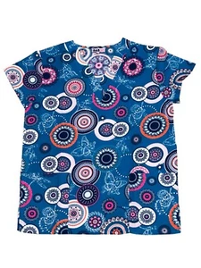 Womens Fashion Medical Nursing Scrub Print Tops Blue Base Embroidery flowers L - Picture 1 of 2