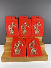 5X  VTG NOS 1970's Carded Pack of 3Gold Tone Christmas Santa & Deer Ornaments 