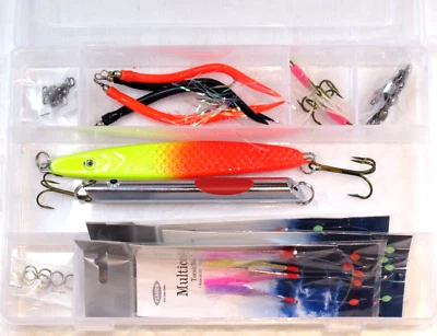 Fladen Sea Set - 2 pirks 3 rigs 4 gummi macs swivels rings hooks in a tackle box Foto 1 de 4