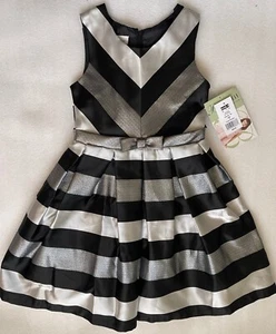 BONNIE JEAN, KIDS 8 BLACK SILVER METALLIC STRIPED FANCY PARTY DRESS NEW $68 TAGS - Picture 1 of 11