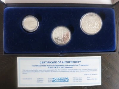 MEXICO BU 100 50 25 PESOS 1986 SOCCER Football Cup Silver 1985 Set Coins COA - Image 1 of 4