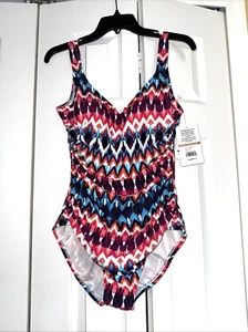 Nuovo con etichette ~ Costume da bagno Maxine of Hollywood 1 pezzo con scollatura laterale IKat rosso dimagrante lycra taglia 12 - Foto 1 di 8