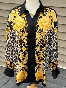 VINTAGE ESCADA BLUSE 100% SEIDE LÖWENKOPF WEST GERMANY Gold Cat Print Shirt 80er - Bild 1 von 24