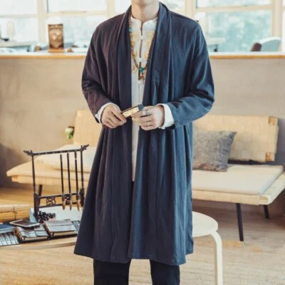 Chinese style Mens Mantle Tench Coat Casual Cotton Linen Hanfu Cardigan Jacket D - Image 1 of 4