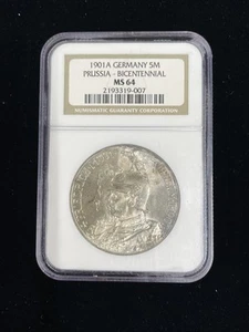 1901A Germany 5M Prussia WILHELM II Silver 5 Mark Coin Bicentennial NGC MS64,R1 - Picture 1 of 3