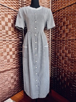 Sz 8 80s 90s Vintage Black And White Gingham Check Maxi House Dress Button Up - Image 1 of 4