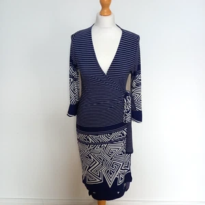 Lonkel Paris  T2 UK 10 12 Navy Blue Print Jersey Wrap Midi Dress - Picture 1 of 9