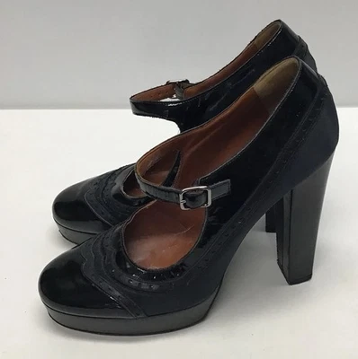 LANVIN 黑色皮革 Mary Jane 高跟鞋布洛克厚底女式 41 码 US 10 — 第 1/4 张图片