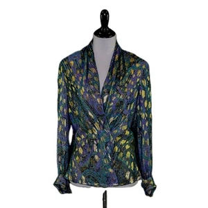Vintage 80s Carlisle Silk Metallic Teal Blue Yellow Abstract Print Blouse Size 8 - Picture 1 of 13