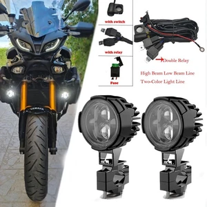 Pair 100W Motorcycle Headlight Fog Lights Led Auxiliary Driving Light Dual Color - Picture 1 of 34