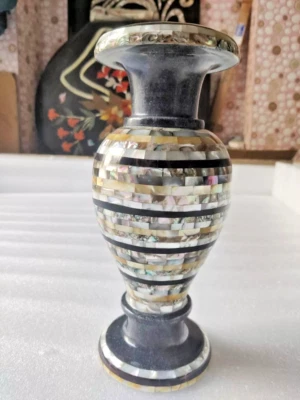 Florero de mármol negro de 18"" maceta con incrustación de mosaico fregona de malaquita decoración habitación del hogar Foto 1 de 4