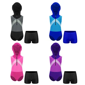 Boys Hooded Leotard Swimsuit Zipper Front Sports Bodysuit with Shorts Gymnastic - Picture 1 of 29