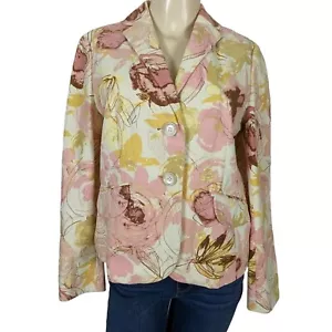 Ann Taylor long sleeve cotton linen floral pink yellow women blazer size 8p - Picture 1 of 10