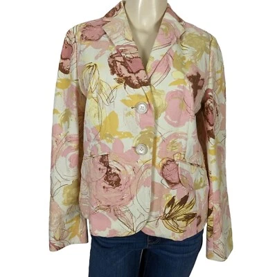 Ann Taylor long sleeve cotton linen floral pink yellow women blazer size 8p - Image 1 of 4