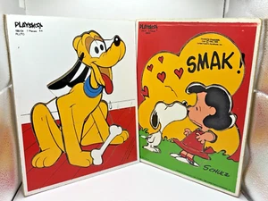 2 Vtg Playskool Tray Puzzles Peanuts Snoopy Lucy Disney Pluto Wooden Dog Read - Picture 1 of 10