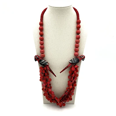 Wooden Beaded PARROT Statement Necklace Hot Pink Parrot Head Tropical Tiki 30" - Image 1 of 4