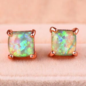 Square Cut 6MM Rainbow Light Green Fire Opal Rose Gold Plated Stud Hook Earrings