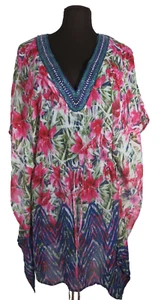 Badgley Mischka Rosa Tropical Floral Caftán Cuentas Cuello Cubierta Poli Pequeño - Imagen 1 de 14