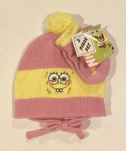 SPONGEBOB SQUAREPANTS Toddler Pink/Yellow HAT Beanie Cap  & MITTENS SET NWT! - Picture 1 of 3