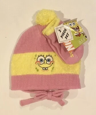 SPONGEBOB SQUAREPANTS Toddler Pink/Yellow HAT Beanie Cap  & MITTENS SET NWT! - Image 1 of 3