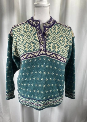 复古 LL Bean 毛衣女式 X-Small Nordic Fair Isle 羊毛美国紫色/绿色 — 第 1/4 张图片