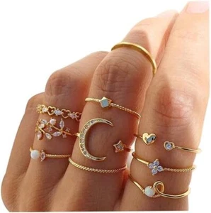 Boho Rings for Women Teen Girls,Gold Stacking Rings Set Stackable Knuckle Moon S - Picture 1 of 7