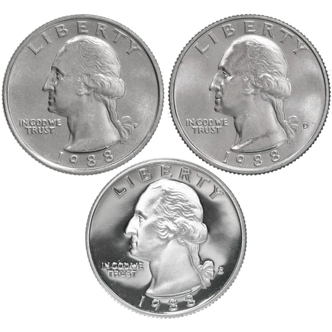 1988 P D S Washington Quarter Year Set Proof & BU US 3 Coin Lot Cover