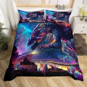 Fire Dragon Comforter Cover Magical Dinosaur Bedding Set Jungle Animals Patte... - Picture 1 of 5