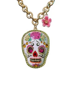 Day/Dead Rhinestone Necklace Betsy Johnson Hola 2 Love Sugar Skull NWT Halloween - Picture 1 of 9
