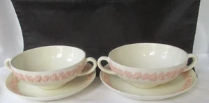 PAIR VINTAGE WEDGWOOD EMBOSSED PINK CREAM SOUP & SAUCER SETS - AS IS - Picture 1 of 18