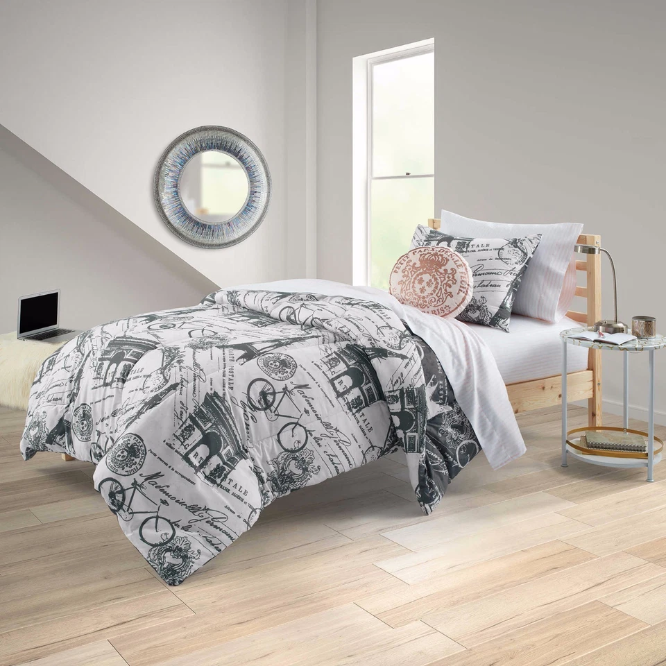 8-Pc Mademoiselle Full XL Comforter Set French Script Shabby Chic Paris Eiffel - Image 1 of 2