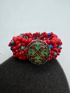 Carolyn Pollack Relios Sterling Silver Coral Turquoise Stretch Bracelet - Picture 1 of 9