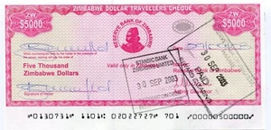 Zimbabwe 5 000 Dollar Travellers Cheque Pick 16 Error - Double MICR Overprint - Picture 1 of 4