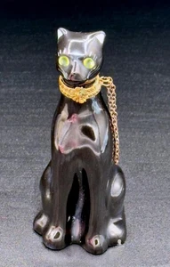 🖤Limoges France Peint à la Main Black Cat Trinket Box with Gold Chain Collar - Picture 1 of 6